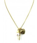 Goudkleurige halsketting met hartje, sleutel en kunstpareltje