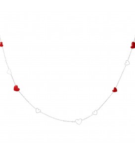 zilverkleurige halsketting met open en rode hartjes
