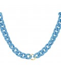 Blauwe schakel halsketting met goudkleurige ringetje in het midden