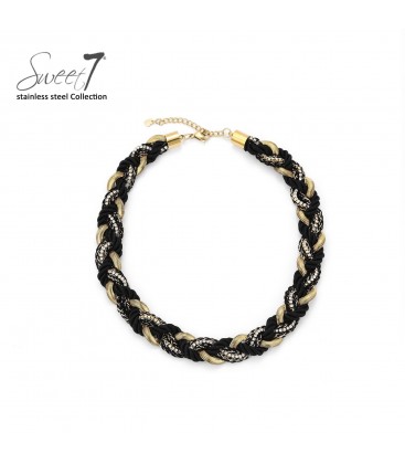 Zwart gevlochten halsketting met strass steentjes