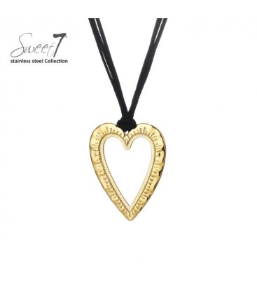 Halsketting met goudkleurig hart en zwart koord