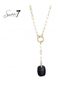 Halsketting goudkleurig met zwarte facetsteen als hanger