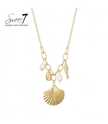 Halsketting met schelp hanger en parels in goudkleurige afwerking